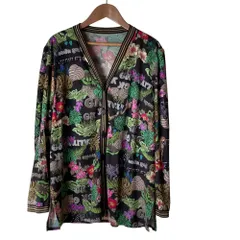 美品 伊太利屋 イタリヤ ジャングル柄 Vネック カーディガン 15 ブラウン マルチカラー レディース 古着 中古 USED