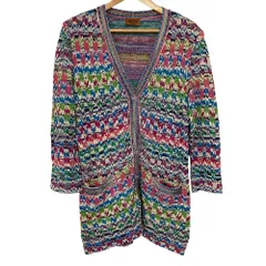 美品 MISSONI ミッソーニ Vネック ロングニットカーディガン サイズ46 マルチカラー レディース 古着 中古 USED