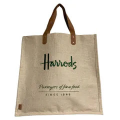 美品 Harrods ハロッズ レザーハンドル ジュートトートバッグ ベージュ レディース 古着 中古 USED