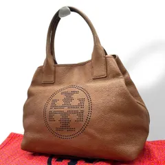 TORY BURCH トリーバーチ トートバッグ ブラウン 茶 デカロゴ パンチング レザー 本革 ワンショルダー ハンドバッグ 肩掛け可 自立可 ゴールド金具 s88 おしゃれ 高級感