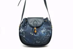 オールド グッチ ヴィンテージ 希少 バンブー ショルダーバッグ 巾着 0762 花柄 フローラル レア キャンバス 紺 ネイビー GUCCI 5275h