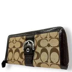 コーチ COACH 長財布 アコーディオンジップ ラウンドファスナー シグネチャー キャンバス パテントレザー ブラウン ダークブラウン ベルトバックル デザイン 大容量 多機能 レディース メンズ ユニセックス ウォレット プレゼント M4