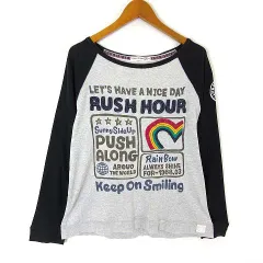 RUSH HOUR ラッシュアワー Tシャツ カットソー ラグラン ワッペン ロゴ 虹 レインボー 刺繍 英字 ラメ スター ポケット コットン 長袖 M グレー マルチカラー