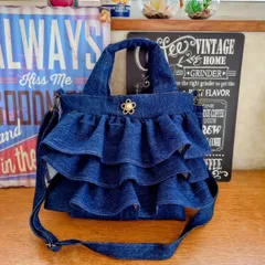 132☆USEDダークデニムリメイク☆3段フリル☆ショルダーバッグ☆トートバッグ☆お花ボタン☆ジーンズリメイク☆