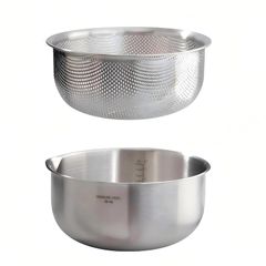 【新品】 CHFNJJ ボウル ザル セット ステンレス 水切りボウル ボウル 水切り穴 米とぎ ボウル 耐熱ボウルメッシュザル ザルで野菜と米を洗う 目盛り付き すっきり収納できる 食洗機対応 調理器具 2点セット 0