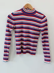 ピA508●ZARA KNIT●ザラニット●ニット●ハイネック●セーター●カットソー●長袖●ボーダー●マルチカラー●レディース●sizeS●白x青×赤