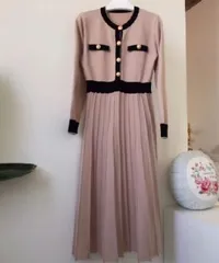 配色 プリーツ風 ニット ワンピース ベルト付き バイカラー