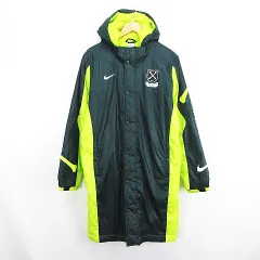 ナイキ NIKE ベンチコート アウター 長袖 フード ジップアップ ロング丈 ロゴ 中綿 M ダークグリーン×イエローグリーン フットボールウェア ※EKM