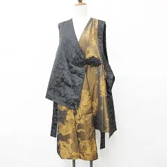 ベスト ロング丈 ラップ 異素材切替 ジャガード プリント 総柄 黒 茶 ブラック ブラウン 