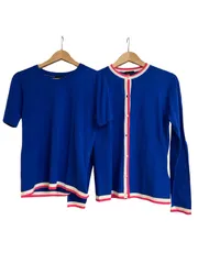 【美品】ESCADA エスカーダ　アンサンブル　ニット　カーディガン　ブルー×ホワイト×ピンク　レディース　サイズM【Z1797】