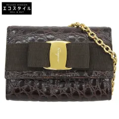 Salvatore Ferragamo サルヴァトーレフェラガモ 美品 ヴァラリボン 型押しレザー チェーンショルダー ミニバッグ レディース ブラウン