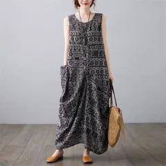 再入荷 ワンピース ノースリーブ 幾何柄 レディース 新作 綿麻風 ラウンドネック プリント ロングワンピース プルオーバー タンクワンピース 春 夏 ロング デザイン感 ポケット 体型カバー ゆったり カジュアル レトロ きれいめ 着痩せ