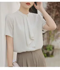 再入荷 ブラウス トップス レディース 春 秋 半袖 クルーネック きれいめ おしゃれ ゆったり 形カバー 通勤 オフィス シンプル 大人 上品 無地