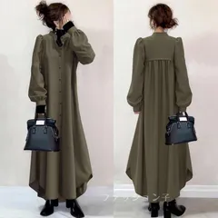 再入荷 春ワンピース40代 即購入OK シャツワンピースロング丈 開襟シャツ 緑 ワンピース 長袖ワンピース ゆったり aラインワンピース フレア 50代60代ワンピオフィス 春秋服