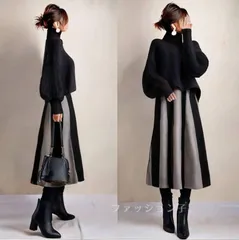 再入荷 セットアップレディース秋冬 未使用 春秋 トップスレディースパフスリーブ 長袖プルオーバー ショート丈 ロングスカート バイカラー Aラインフレア 上下セット 2点SET