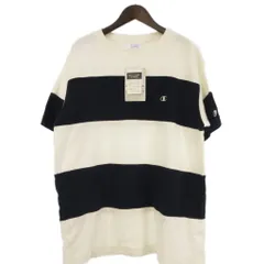 チャンピオン CHAMPION タグ付き パネル ショートスリーブ Tシャツ 半袖 ボーダー ロゴ刺繍 パイル生地 コットン ネイビー ホワイト L