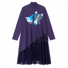 80c9 TOKUKO 1er VOL トクコプルミエヴォル モックネック 長袖ワンピース ストレッチ アニマル刺繍 異素材切替 レース レディース 女性服 サイズ9 パープルu02tのサムネイル