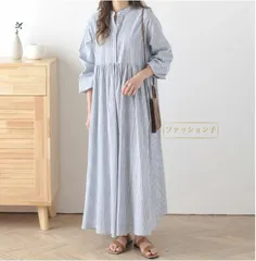 再入荷 シャツワンピース ワンピース レディース 長袖 チェック ストライプ シャツワンピ ワンピ ロング丈 マキシ丈 プルオーバー ロングワンピース マキシワンピース ギャザー タック ゆったり