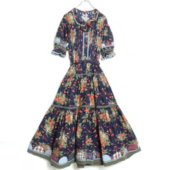 ピンクハウス★豪華なさくらんぼ柄とチェックのパッチワーク♪ パフスリーブボリュームワンピース ボタン前開き全開 紺系 z18536