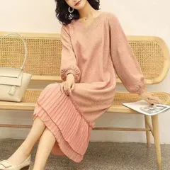 再入荷 ニットワンピース レディース ニット ワンピース 秋冬 春 vネック 長袖 ブラック きれいめ 厚手 ゆったり 大きいサイズ マタニティ 裾 切り替え プリーツ ロング丈 ロングワンピース