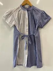 ピB388⚫︎⚫︎L.COPECKエル.コペック⚫︎シャツ⚫︎半袖⚫︎ワンピース⚫︎ウエストリボン⚫︎ストライプ⚫︎クレイジーパターン⚫︎レディース⚫︎size140⚫︎白×青