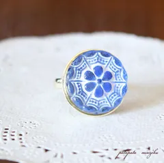 チェコ・ボヘミア ガラス ボタン　ブルークリア  フラワー  リング  チェコガラス  指輪  アクセサリー ジュエリー　 パタパタ民族