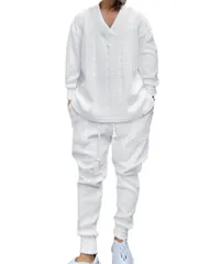 [Stilia] メンズ セットアップ 秋 長袖ニット Vネック カジュアル 上下セット ストレッチ素材 軽量 無地 スリムフィット きれいめ (JP, アルファベット, M, ホワイト) [ホワイト] [M]