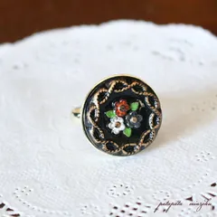 チェコ・ボヘミア ガラス ボタン　ブラックブーケ  フラワー  リング  チェコガラス  指輪  アクセサリー ジュエリー　 パタパタ民族