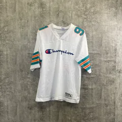 【T-430】Champion L フットボールTシャツ メッシュ ホワイト チャンピオン ゲームシャツ スポーツT 半袖 ロゴプリント アメカジ ストリート 古着 メンズ