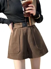 レディース ショートパンツ コーデュロイ ハイウエスト Aライン カジュアル ウエストゴム キュロット ボトムス ホットパンツ 韓国 2カラー ホットパンツ ショーパン 短パン ミニ ショート 丈 ゆったり ボトム ぱんつ 春 秋 冬 ブ [ブラウン] [M]