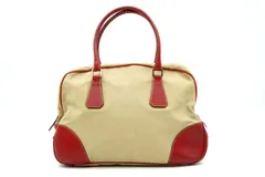 プラダ B10813 ミニボストン ハンドバッグ トート 三角ロゴプレート パドロック付属 キャンバス ベージュ レッド PRADA 5467h