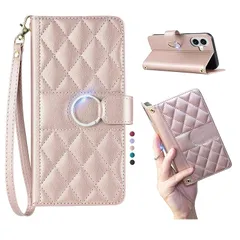 淳一屋 iPhone 16 リング付きキルティグレザー調手帳型ケース エレガントでかわいい ストラップ付き 優れるカード収納力 スタンド機能 マグネット開閉 全面保護（ピンク） 1