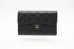 ★3日以内返品可★ 美品 CHANEL シャネル マトラッセ キャビアスキン コンパクトウォレット ゴールド金具 AP0232 三つ折り財布 ブラック キャビアスキン レディース