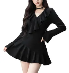 [ReiLuana] ワンピース レディース ミニ丈 フリル 長袖 Vネック セクシー Aライン 黒 地雷系 ドレス 人気 かわいい お洒落 きれい 無地 ミニ 丈 ワンピ 着やせ 細身 胸元 美 シルエット カジュアル ゴスロリ スタ [ブラック] [XL]
