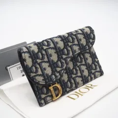 ★3日以内返品可★ 極美品 Christian Dior クリスチャンディオール ディオール オブリーク ジャカード Saddle Cosmos ジップ カードホルダー S5692CTZQ コインケース ネイビー ベージュ キャンバス レザー レディース