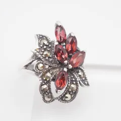 R549 ガーネット マーカサイト マルカジット 925刻印 リング デザイン シルバー 指輪 ヴィンテージ 1月誕生石 14-15号