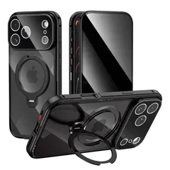 【新品】 360度回転 覗き見防止 iPhone 17 Pro 用 ケース フルーカバー リングスタンド 全面保護 Magsafe対応 縦置き横置き両方対応 アイフォン17Pro 全面カバー 両面ケース 9H強化ガラス ワイヤレス充電 一体型レンズ保護 P 1