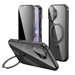 【新品】 覗き見防止 iPhone17 用 ケース 全面カバー Magsafe対応 360°回転 リング付き アイフォン17 対応 フルカバー カメラ保護 ロック式 アルミバンパー マグネット式 両面 全面保護,ブラック 1