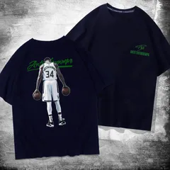 バスケ ヤニス・アデトクンボ 34番 プリントTシャツ 半袖 メンズ 夏 スポーツ カジュアル ストリートウェア ネイビー