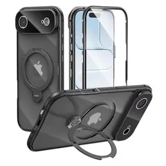 【新品】 【スタンド機能付き・360°定点回転】MagSafe対応 iPhone 17 Air 用 ケース クリア ロック付き 9H強化ガラス PC背面 一体型レンズ保護 両面 アルミバンパー メタルフレーム ワイヤレス充電対応 アイホン17プロマックス  1