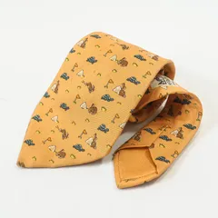 HERMES エルメス ネクタイ シルク100% 総柄 ウサギ 亀 うさぎとかめ アニマル イエロー オレンジ 9.5cm メンズ 高級 ブランド フランス ビジネス フォーマル スーツ 結婚式 冠婚葬祭 希少 個性派 おしゃれ 上品