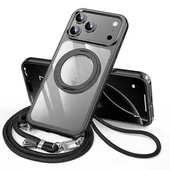 【新品】 LUTSIDUTA iPhone 17 Pro Max 用 ケース ダブルリング付き ショルダー ストラップ付き 多機能360度回転スタンド MagSafe対応 ワイヤレス充電対応 耐衝撃 カメラレンズ保護 三眼 6.9インチ いphone17  1
