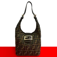 極 美品 FENDI フェンディ ズッカ FF 柄 ロゴ 金具 キャンバス レザー 本革 セミ ワン ショルダーバッグ トートバッグ ブラウン 88734