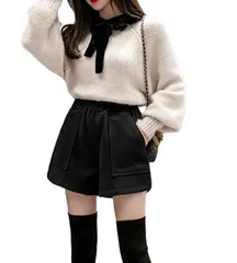 ショートパンツ レディース ハイウエスト Aライン フランネル 調 ウエストゴム カジュアル ポケット ホット パンツ 韓国 ボトムス 2カラー ショーパン ボトム キュロット ウール 春 夏 秋 冬 可愛い シンプル 大人 ゆったり 体 [ブラック] [L]