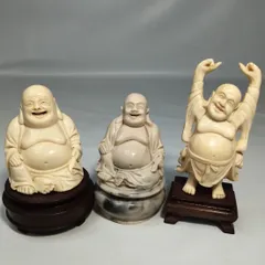 笑顔の仏像 3体セット　七福神　布袋様　仏像　縁起物　開運　木製台付　美術品　インテリア　コレクション　骨董　1995年ペナン島極楽寺にて購入商品あり 《NO 01219》