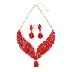 [ＫＫ　Ｓｏｌｉｓ] ネックレス イヤリングセット ピアス ブリーズクリスタル ドロップ型 モチーフ 大ぶり 演奏会 発表会 ベリーダンス 社交ダンス 首飾り ビジュ 高見え ショーアクセサリー (レッド・ネックレス・ピア [ピアスセット・ネックレス/レッド]