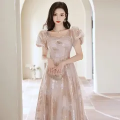 結婚式ドレス 披露宴 演奏会 イブニングドレス  パーティードレス  ロングドレス パフスリーブ Aライン  キラキラ