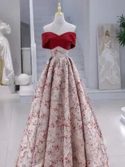 結婚式ドレス 披露宴 演奏会 イブニングドレス  パーティードレス  ロングドレス オフショルダー  バックリボンタイプ Aライン  レッド