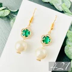 【421】ハンドメイド ピアス イヤリング パール フェミニン 春物 グリーン 緑 卒業式 卒園式 入学式 入園式