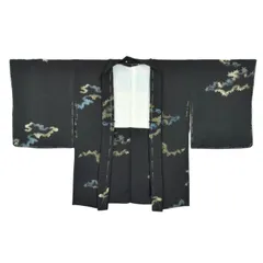 【未使用】正絹 羽織 黒地 金彩 楓雲取り 身丈77 裄62 未使用 しつけ糸付 ヴィンテージ 高級品